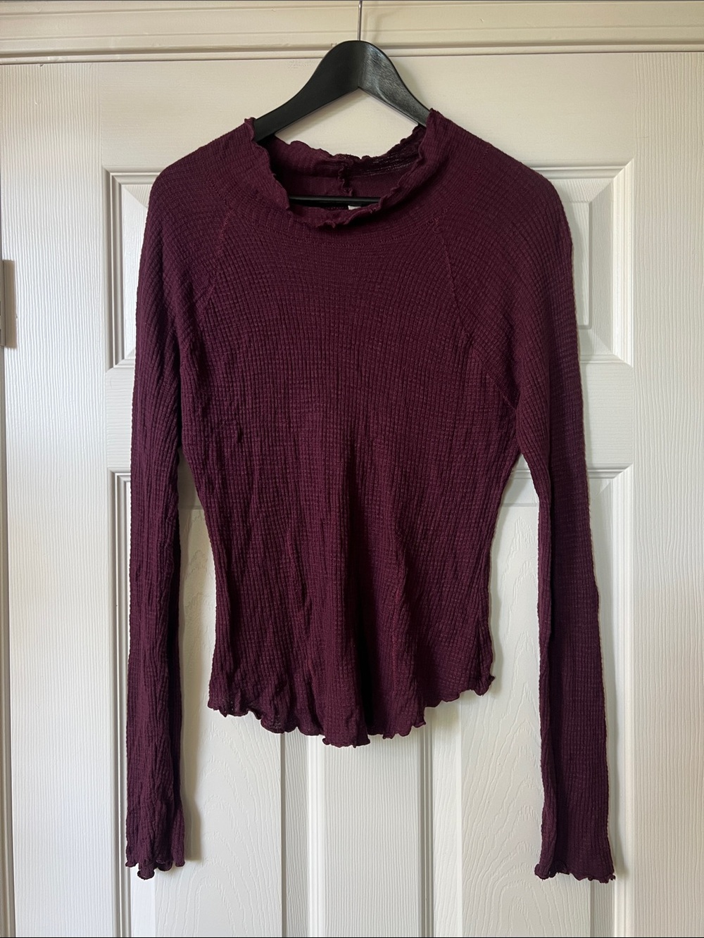 Free People Long-Sleeve Waffle Knit Top in Deep Berry